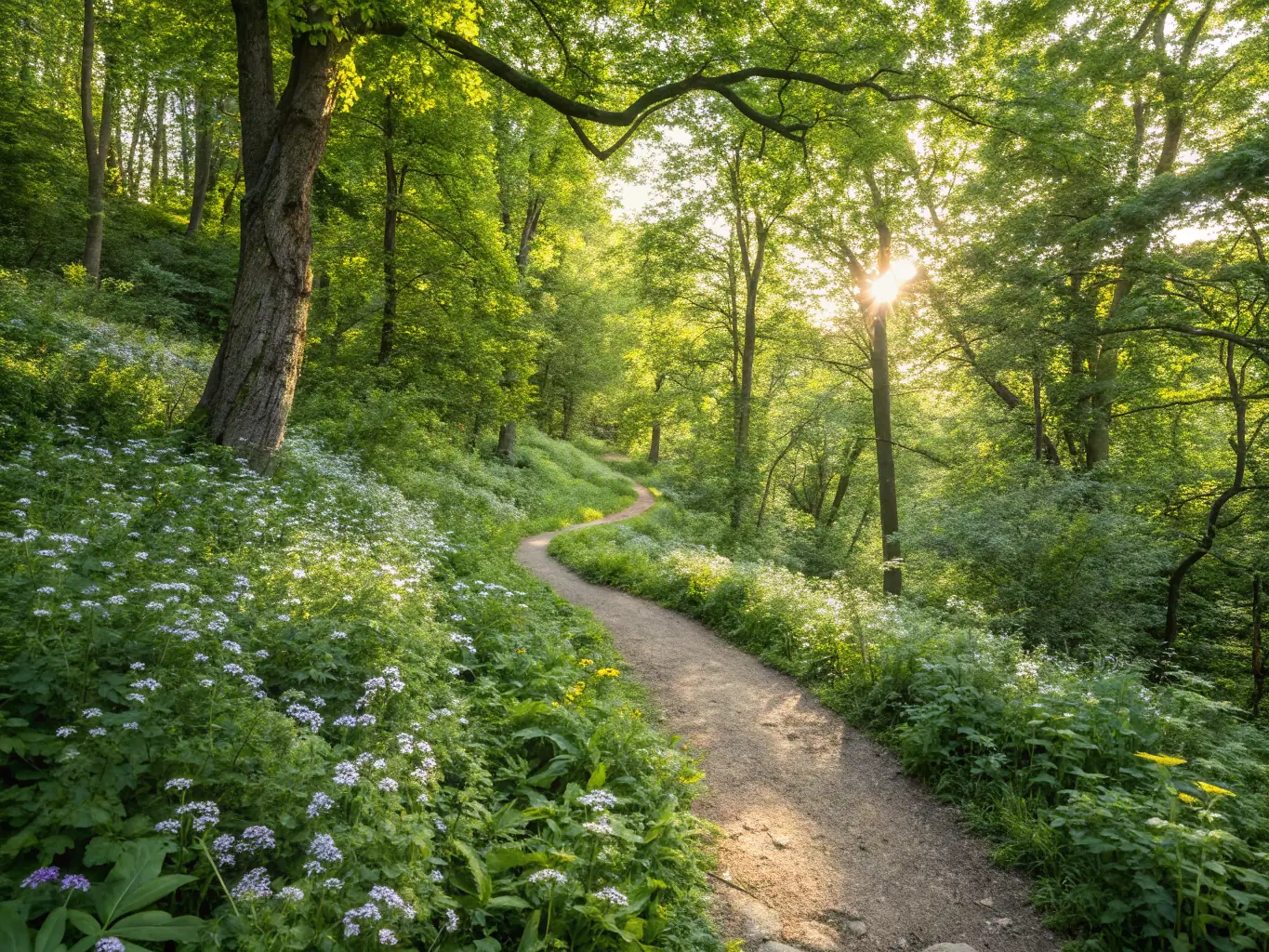 A serene image of hikers walking through a lush forest trail, highlighting the tranquility and accessibility of easy-level hikes organized by CRPM.