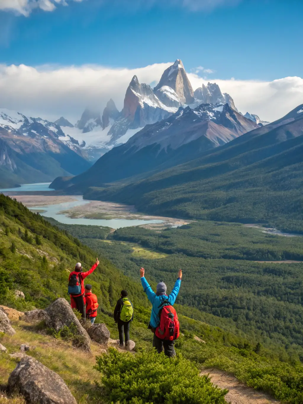 A panoramic shot of hikers reaching the summit of a mountain, overlooking a vast landscape of rolling hills and forests, symbolizing a summit hike with rewarding views.