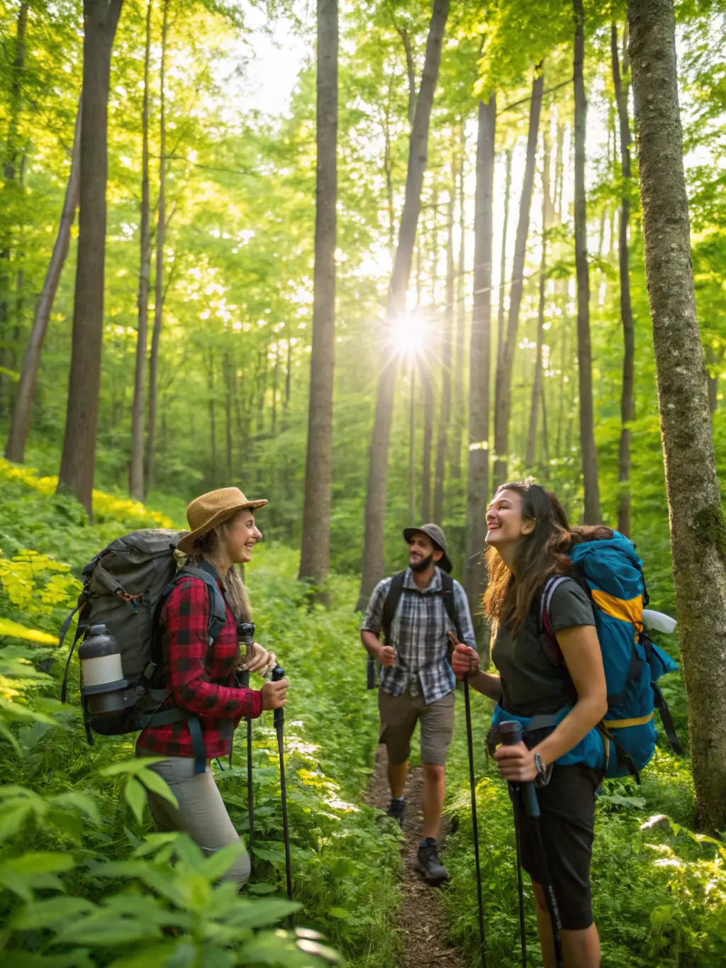 A photograph capturing hikers exploring a dense forest trail with dappled sunlight filtering through the trees, highlighting a shaded forest hike perfect for hot days.