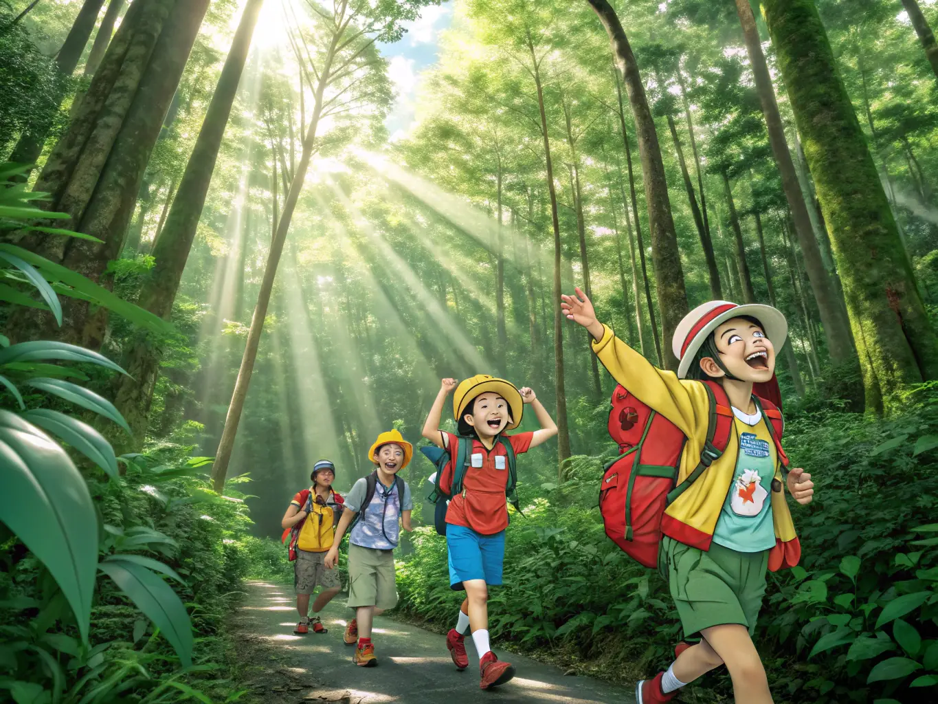 A group of hikers of varying ages and fitness levels are shown laughing and chatting as they traverse a gentle, sun-dappled forest path during a CRPM-organized nature walk.
