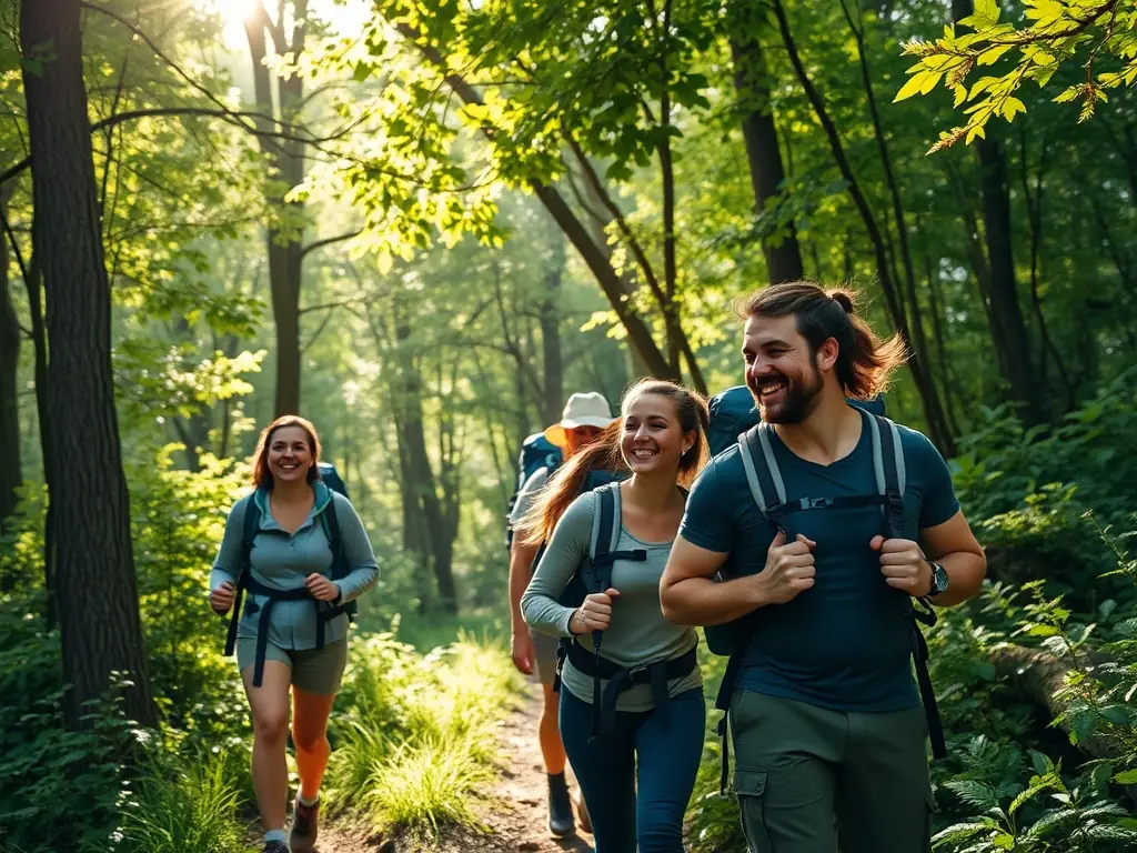 A group of diverse hikers of varying ages and fitness levels are laughing and chatting as they traverse a sun-dappled forest trail during a CRPM guided hike. The guide is pointing out a specific plant to the group.