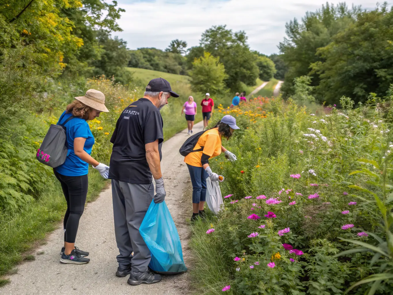 A vibrant image of a group of CRPM members participating in a community cleanup hike, collecting litter and enjoying the outdoors while contributing to environmental conservation.