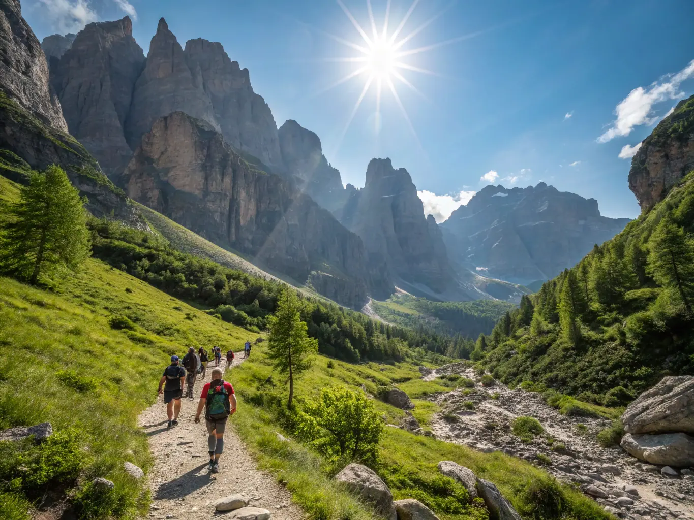 A group of hikers traversing a rocky mountain path during a sunny day, showcasing the challenge and beauty of a difficult hike organized by CRPM.