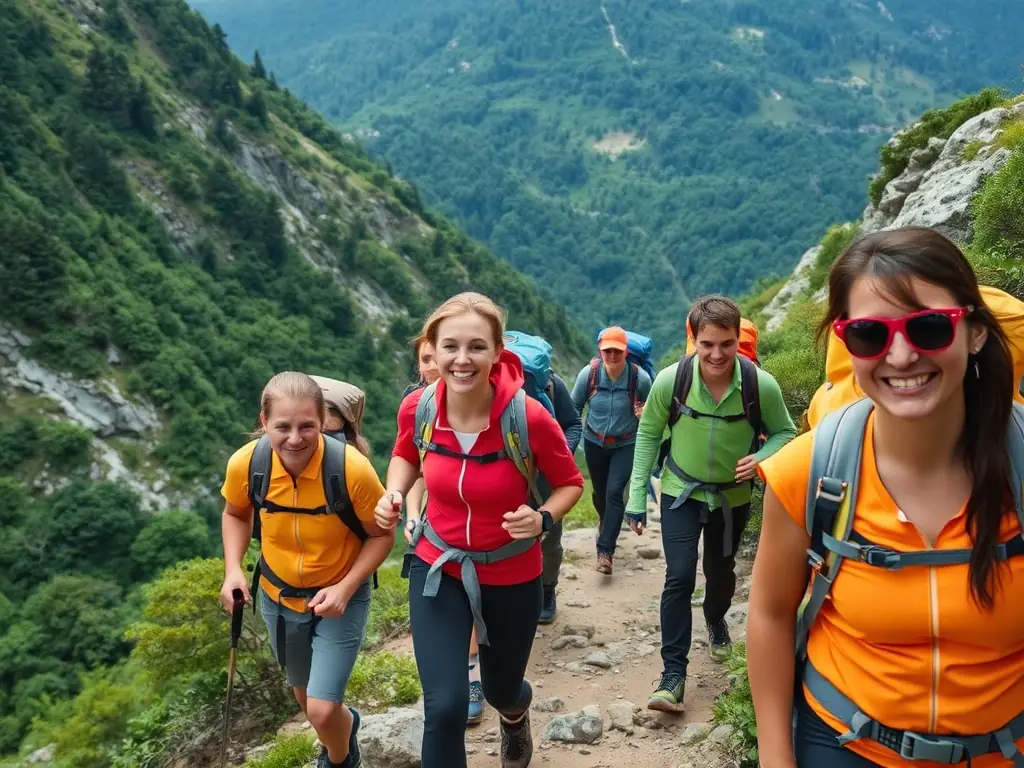 A photograph capturing a group of experienced hikers scaling a rocky mountain trail, showcasing determination and teamwork, during a CRPM-led mountain trekking excursion.