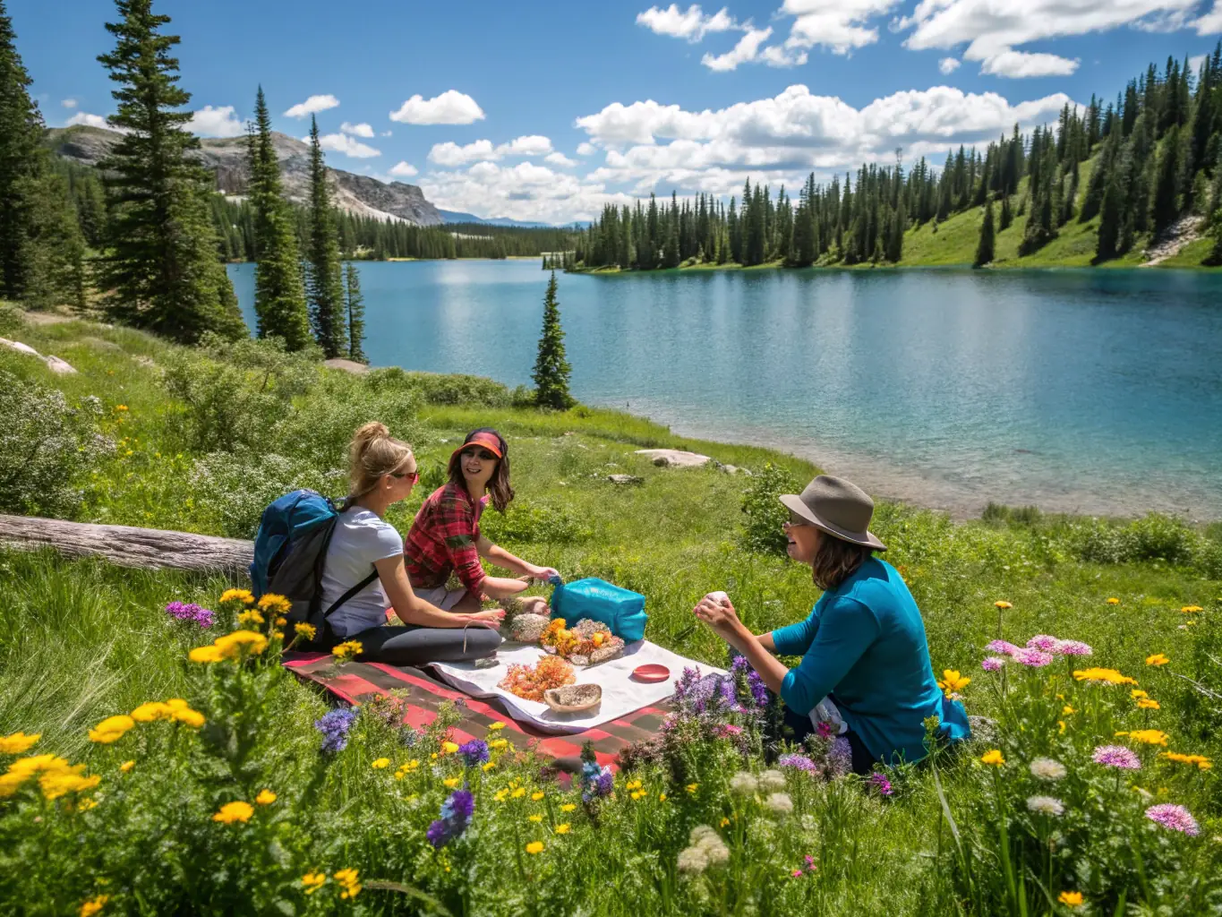 A group of CRPM members are gathered around a picnic table at a scenic overlook, sharing food and stories after a hike. The atmosphere is friendly and inclusive, with laughter and camaraderie.