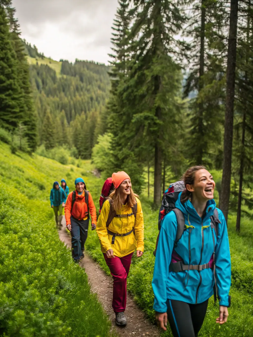 A serene image of hikers walking alongside a calm river surrounded by lush greenery, depicting a leisurely riverside hike suitable for families and beginners.